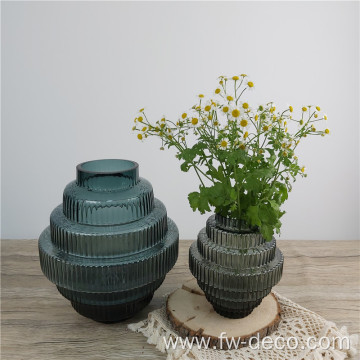 Glass Vases Grey Blue Tiered Ribbed Glass Vase